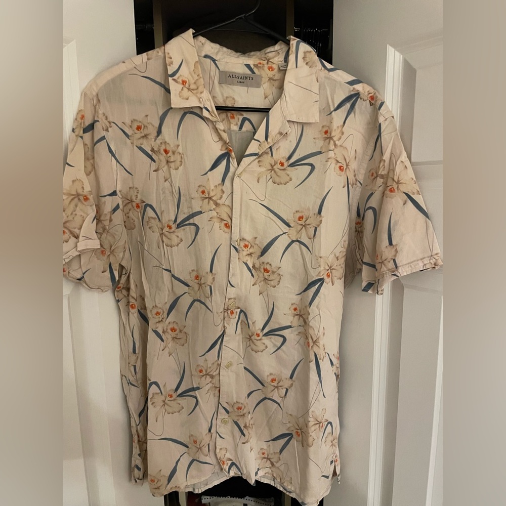 Allsaints Floral White Short Sleeve Button Down Hawaiian Shirt